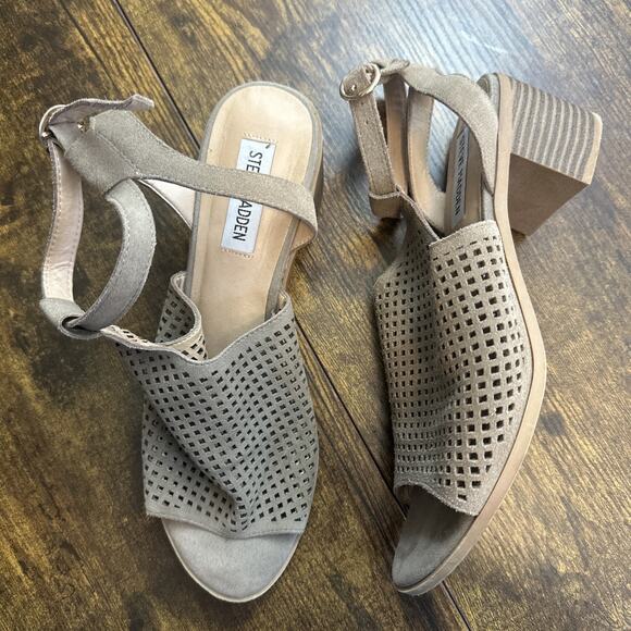 Steve Madden Barlow Perforated Leather Ankle Strap & Block Heel. Taupe Size 8 - Picture 1 of 7